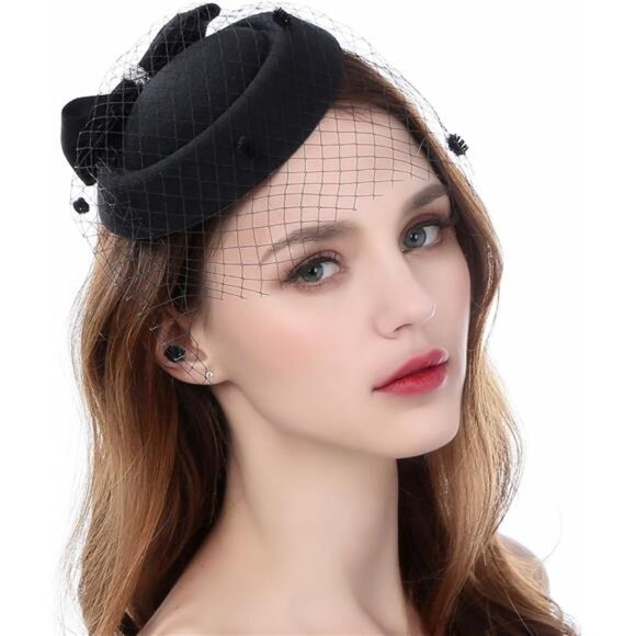Fascinators for Women Tea Party Hats 20s 50s Pillbox Hat Birdcage Veil - Picture 1 of 7